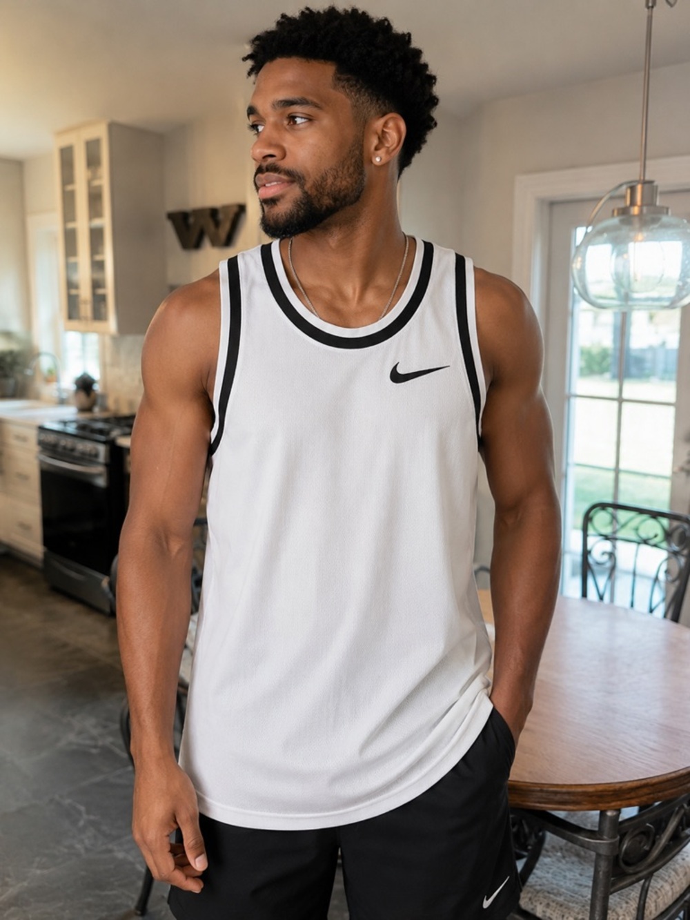 Nike Men’s White Tank with Black Trim - Athletic Sleeveless Top